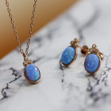 Opal Oval Taşlı Kolye Küpe Set