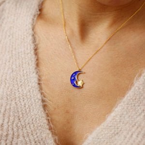 Lacivert Mineli Hilal Yıldız Kolye