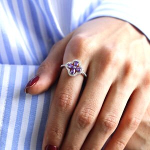 Safir Ametist Çiçek Yüzük Mor - 15